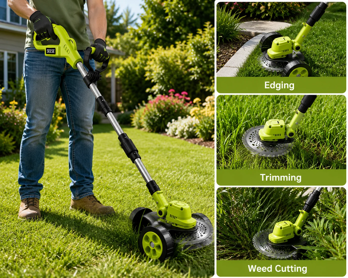 Person mowing a lawn with edging, trimming, and weed cutting close-ups
